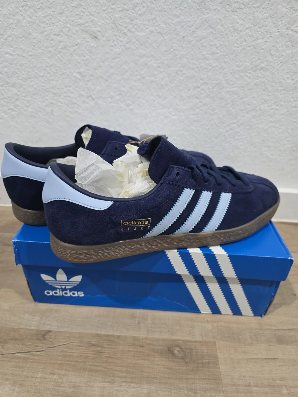 adidas Men’s Gazelle Suede Sneakers in Navy with Light Blue Stripes